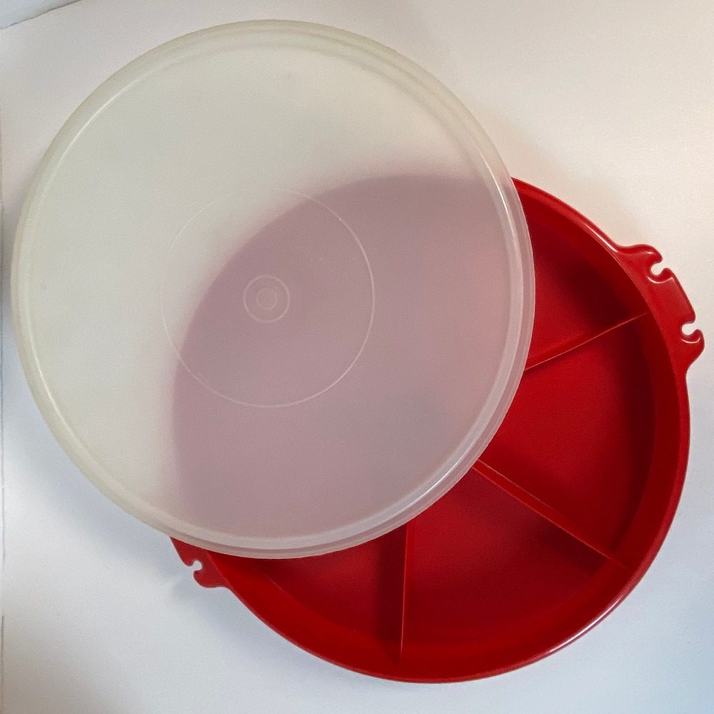 Tupperware Vintage Red Divided Party Tray 405-1 Translucent Lid 12" Made in USA